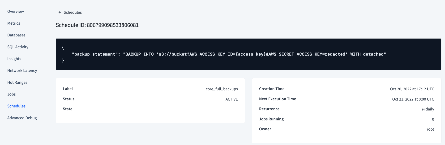 UI for each individual schedule ID displaying the CREATE SCHEDULE SQL statement